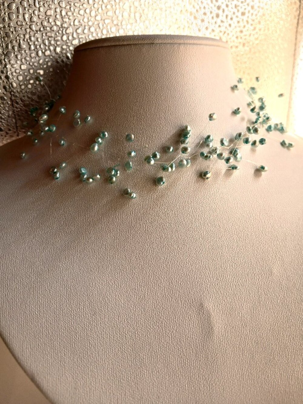 Vintage Y2K Romantic Bridal Floating Seed Pearl Light Teal Collar Necklace